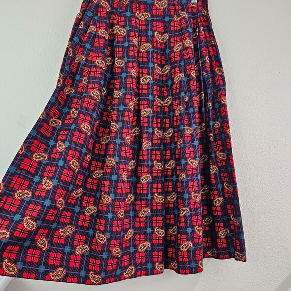 Talbots Sz 14P Red Blue Plaid Paisley Flannel Midi Skirt Pockets Western Cottage - Picture 4 of 13
